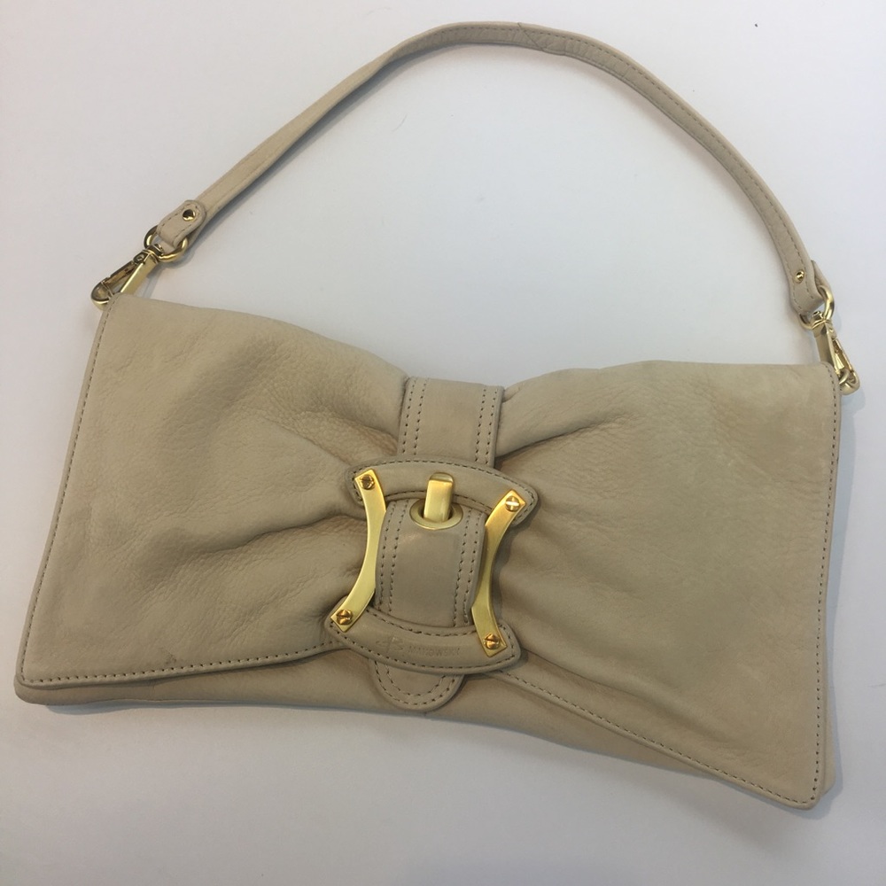 B. Makowsky Cream Leather Satchel With Buckle